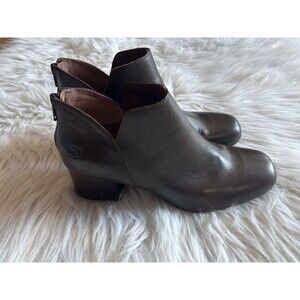 BORN Aneto Leather Ankle Booties Boots Notched Block Heel Comfort Chestnut 6.5